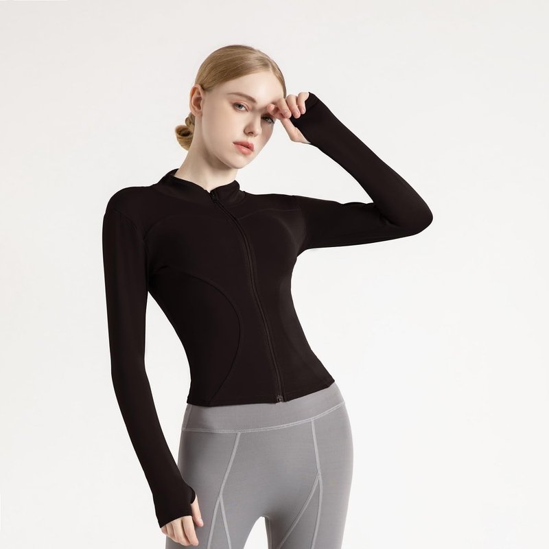 Ncvtang Women's Cropped Lightweight Stretchy Running Track Jackets Full Zip Slim Fit Athletic Tops with Thumb Holes(Coffee,XS)
