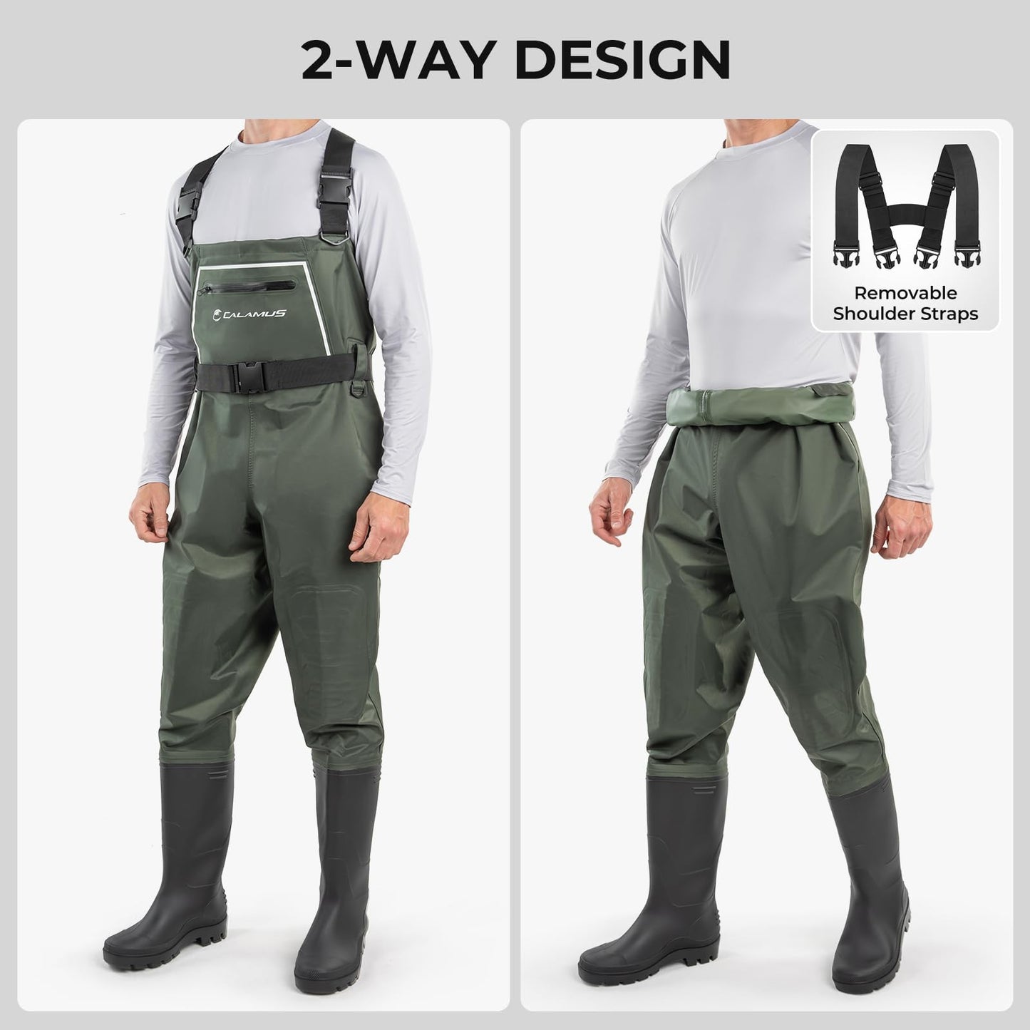 Calamus WaveWalker Fishing Waders for Men & Women, 100% Waterproof PVC Chest Waders with Slip-Resistant Boots, Tear-Resistant Nylon, Ample Storage, Wader Hanger, Military Green, M5/W7