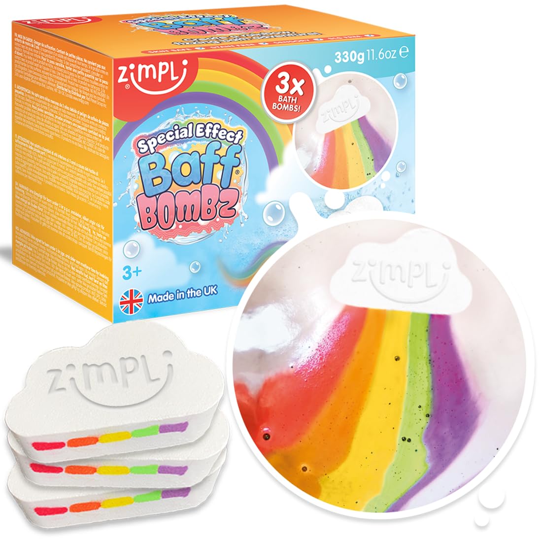 3 x Cloud Rainbow Bath Bomb from Zimpli Kids, Children's Large Bubble Bath Bomb, Vivid Rainbow Colours, Kid Gift Set