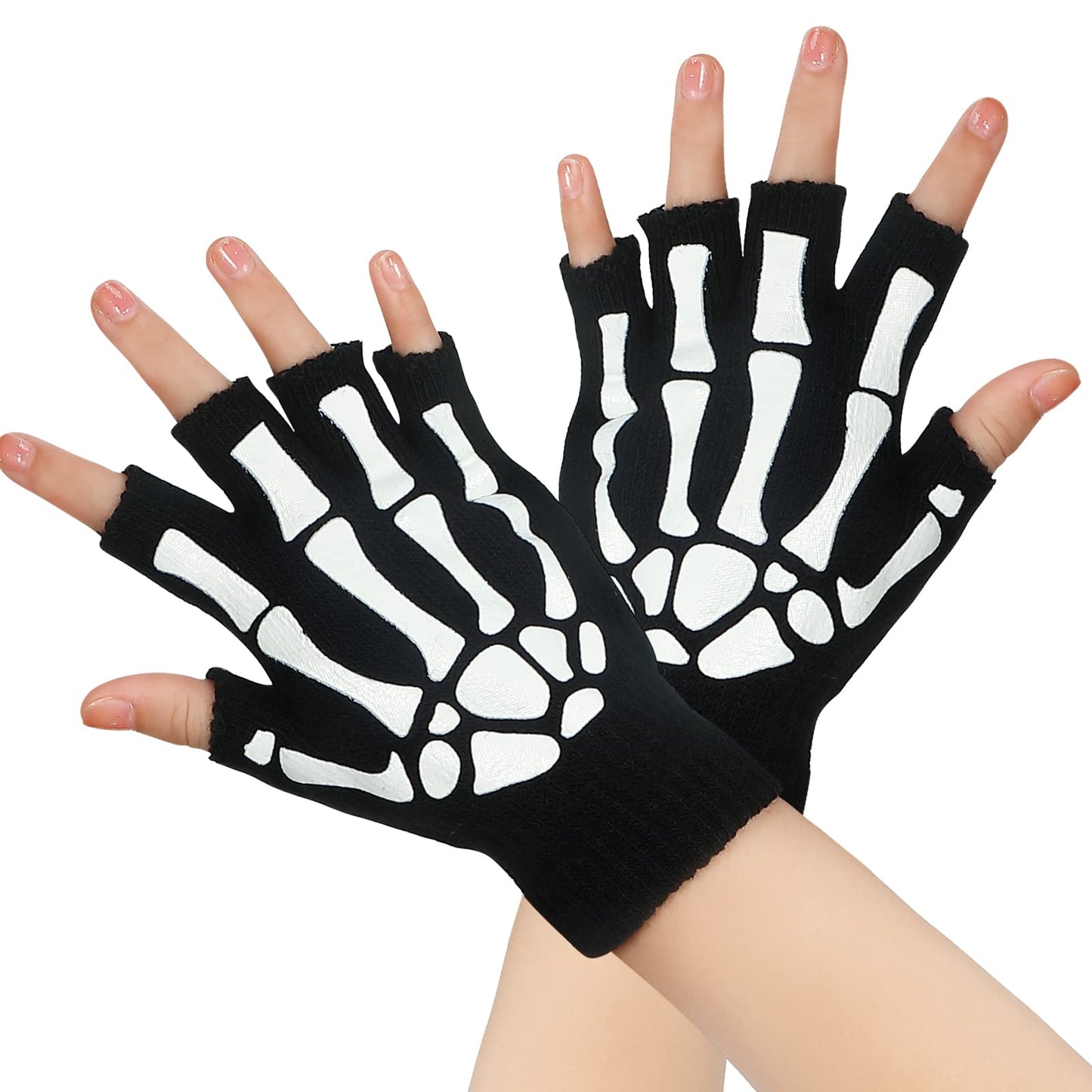 Tatuo 3 Pairs Skeleton Fingerless Glove Glow in the Dark Glove for Kid Adult Halloween(Medium)
