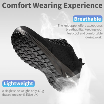 Nasogetch Safety Trainers Steel Toe Cap Trainers Men Women Lightweight Breathable Safety Shoes Work Trainers with Cushioning Black UK 9 Label Size 43