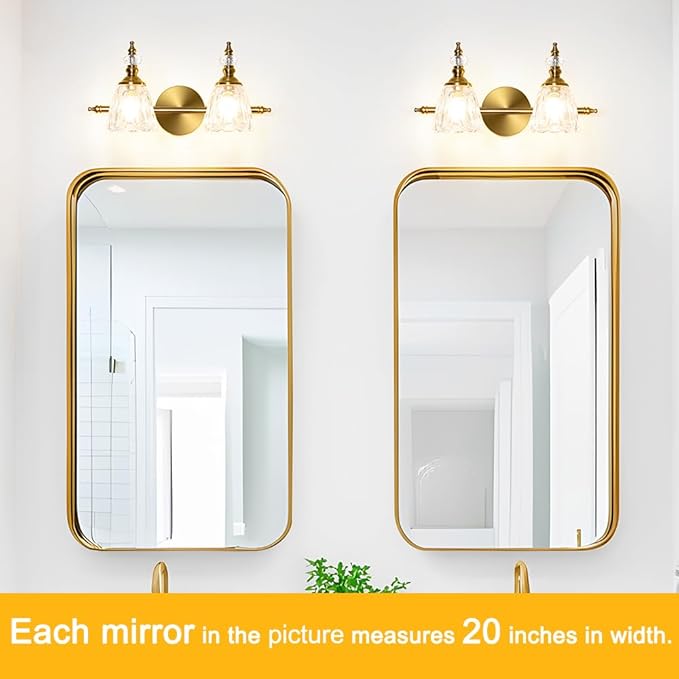Brass Vanity Light, Farmhouse Brushed Gold Bathroom Light Fixtures, 2 Light Bathroom Vanity Lights, Flower Glass Shade Wall Sconce Lighting
