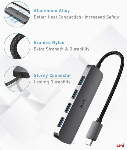 uni USB C Hub, USB Type C to 4-Port USB 3.0 Adapter, [5Gbps, Aluminium, Nylon] Ultra Slim USB Hub USB C to USB, Thunderbolt 3 Data Hub for MacBook Pro/Air iPad Pro XPS Chromebook iPhone15 Pro Galaxy