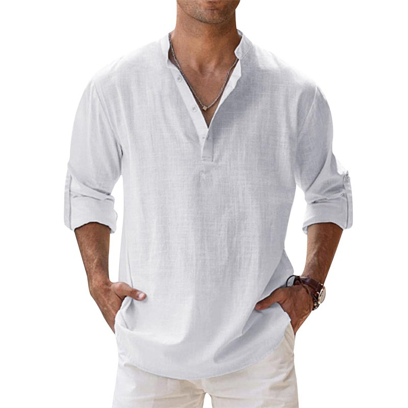 Button Down Shirt Men Hippie Casual Beach Business Cotton Linen Long Sleeve Casual Oversized Summer Tops White S