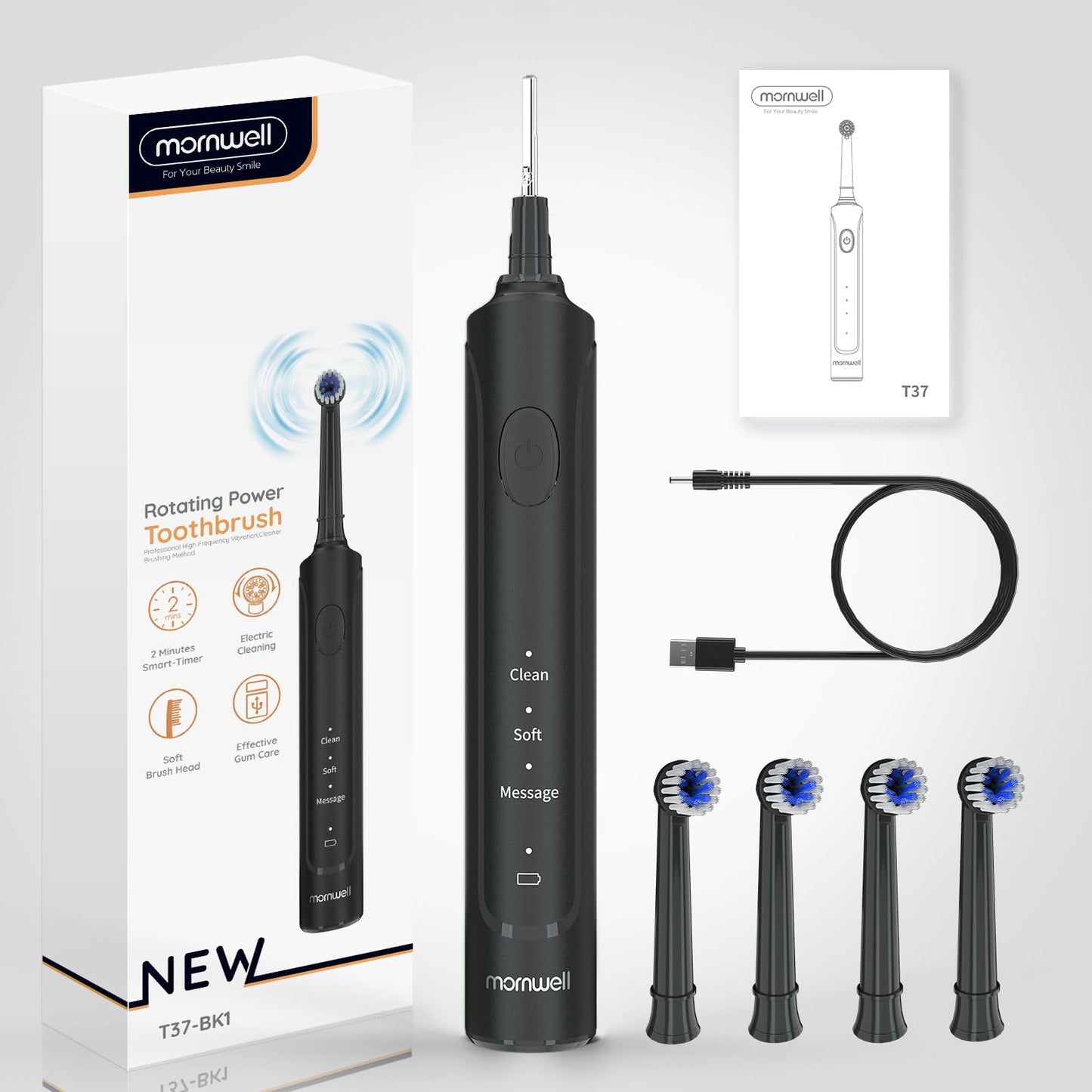 Mornwell Electric Toothbrush USB Fast Charging 3 Modes Rotary Toothbrushes Rechargeable Spin Toothbrushes with 4 Round Brush Heads for Adults & Kids Over 8 Years Old