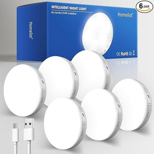 Homelist 6 Pack Motion Sensor Light Indoor, Rechargeable Puck Lights, Wireless Battery Operated Night Light for Closet, Hallway, Stairs, Kitchen with 2 Color Temperatures