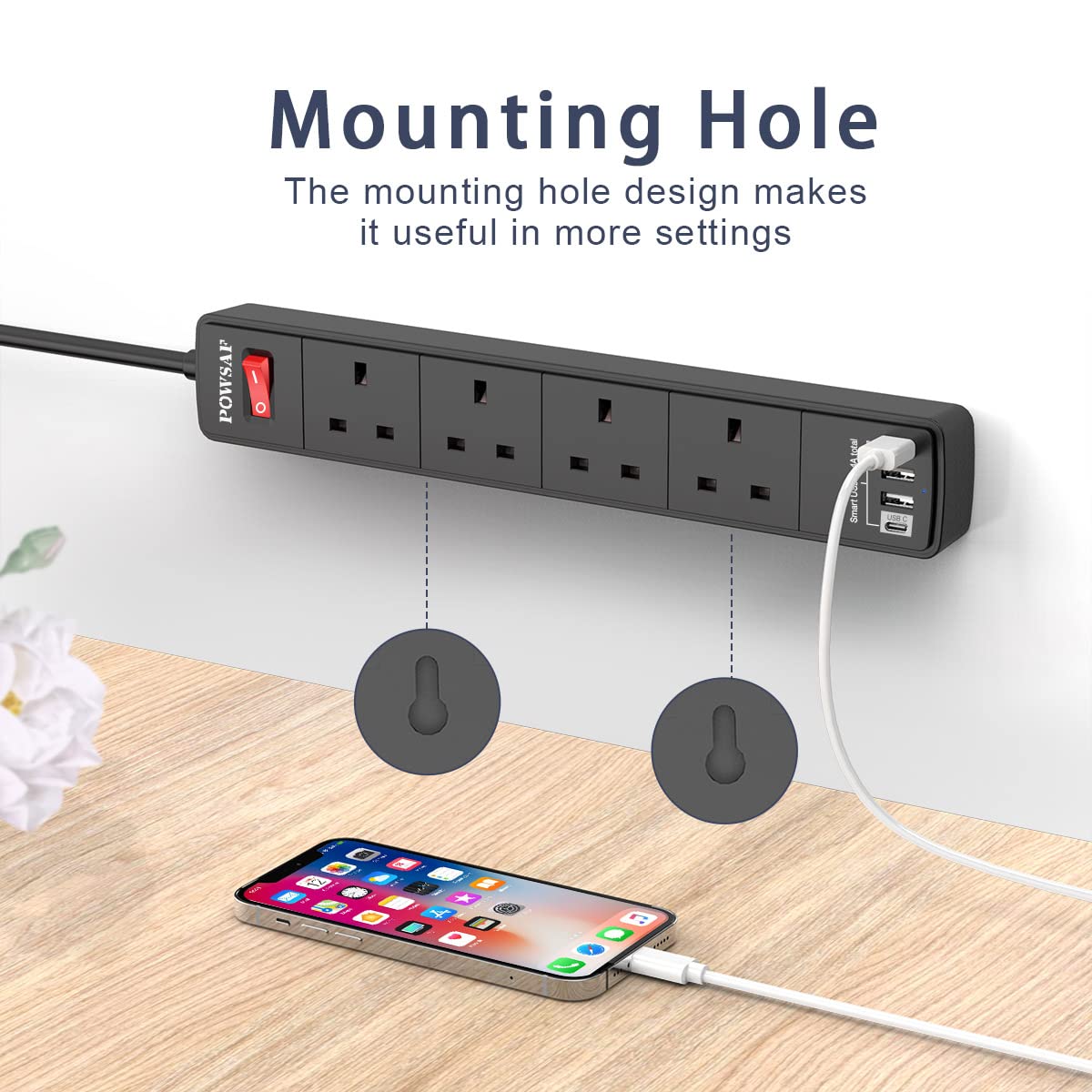 POWSAF Extension Lead with 4 USB Slots (3.4A, 1C and 3A Ports),Power Strip Extension cord with 4 way plug extension Socket and 2M Extension Cable for Home Office Travel holiday essentials,Black