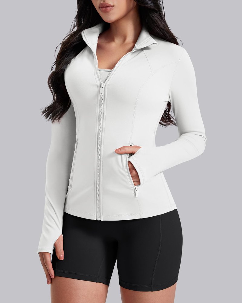 AVGO Womens Workout Jackets Lightweight Athletic Zip Up Jacket Slim Fit Running Gym Top with Pockets & Thumb Holes(White, L)