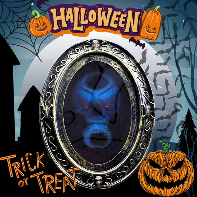 Scary Motion Activated Skull Haunted Mirror with Creepy Sound and Light, Horror Prop for Indoor Halloween Party Decorations