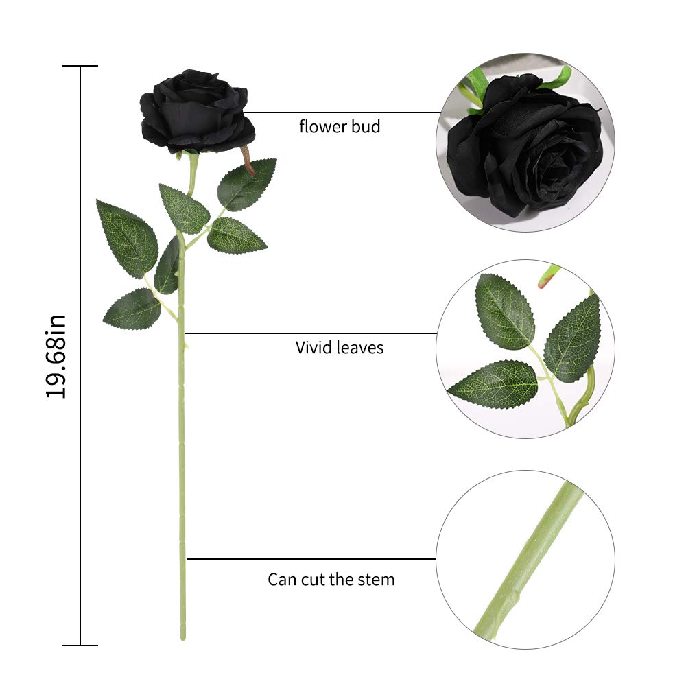 Veryhome Halloween Artificial Flowers Silk Black Roses Real Touch Bridal Wedding Bouquet for Home Garden Party Floral Decor 10 Pcs (Black)