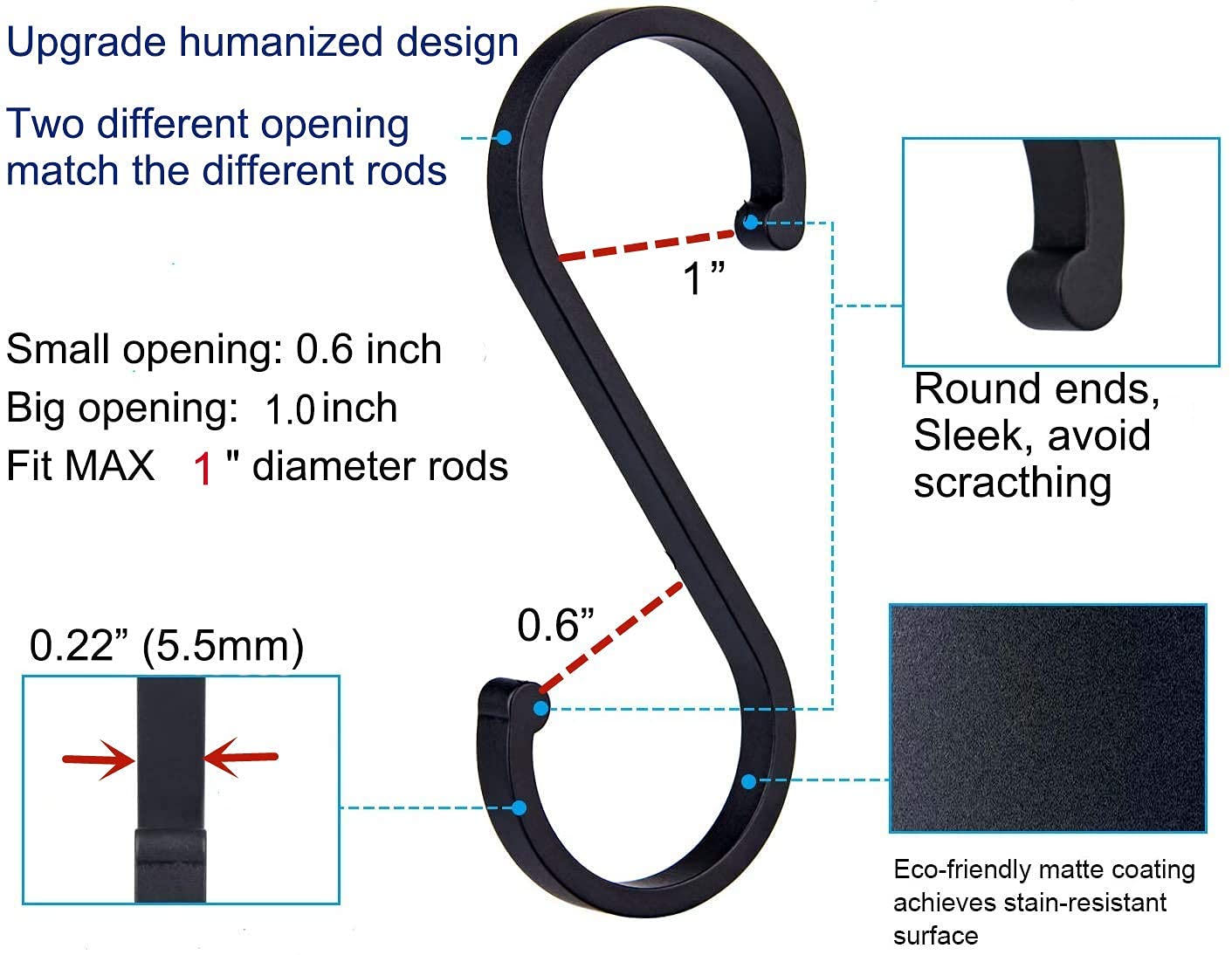GAViA Heavy Duty S Hooks, S Shaped Hooks Hanging Hooks Matte Black S Hooks for Hanging Pots and Pans, Plants, Coffee Cups, Clothes, Bags, Towels in Kitchen, Bedroom, Office, Garden, Bathroom, 20 Pack