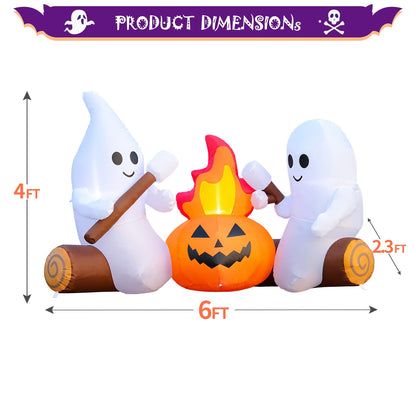 DomKom 6FT Halloween Inflatable Blow Up Decorations, Cute Ghosts Roasting Marshmallows Over Campfire, Built-in LEDs for Holiday Party, Garden, Lawn, Yard, Patio Décor