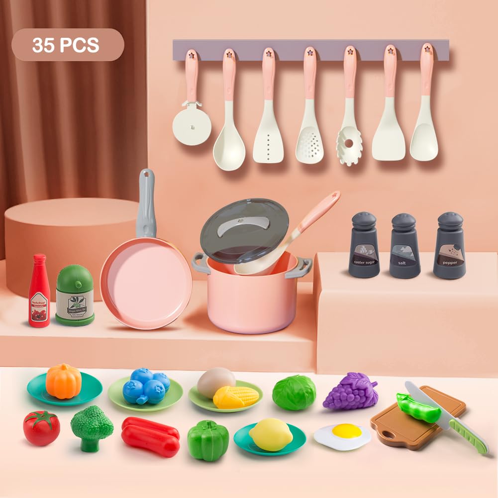 35Pcs Kids Kitchen Toy Accessories, Toddler Pretend Cooking Playset with Play Pots, Pans, Utensils, Cookware, Play Food Set, Toy Vegetables, Learning Gift for Girls & Boys (Pink)