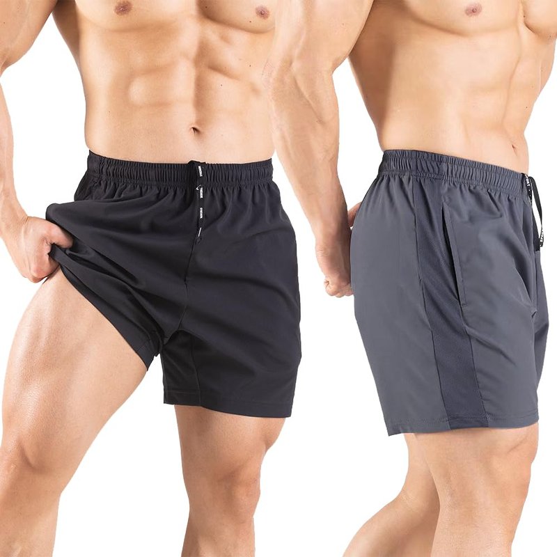 Gaglg Men's 5" Running Shorts 2 Pack Quick Dry Athletic Workout Gym Shorts with Zipper Pockets Black/Dark Grey,Small