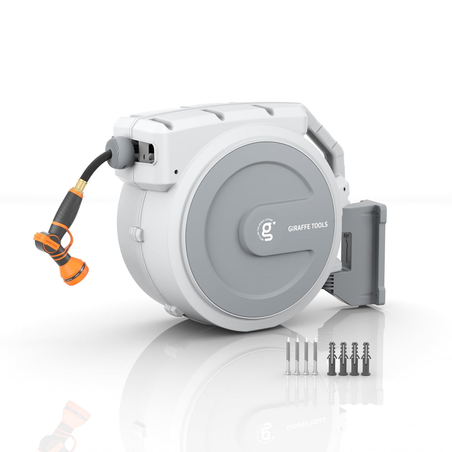 Giraffe Tools Retractable Garden Hose Reel, 5/8 in x 90 ft Heavy Duty Hose Reel With 9 Pattern Nozzle, Any Length Lock, Wall Mount Water Hose Reel, 180°Swivel, Light Grey