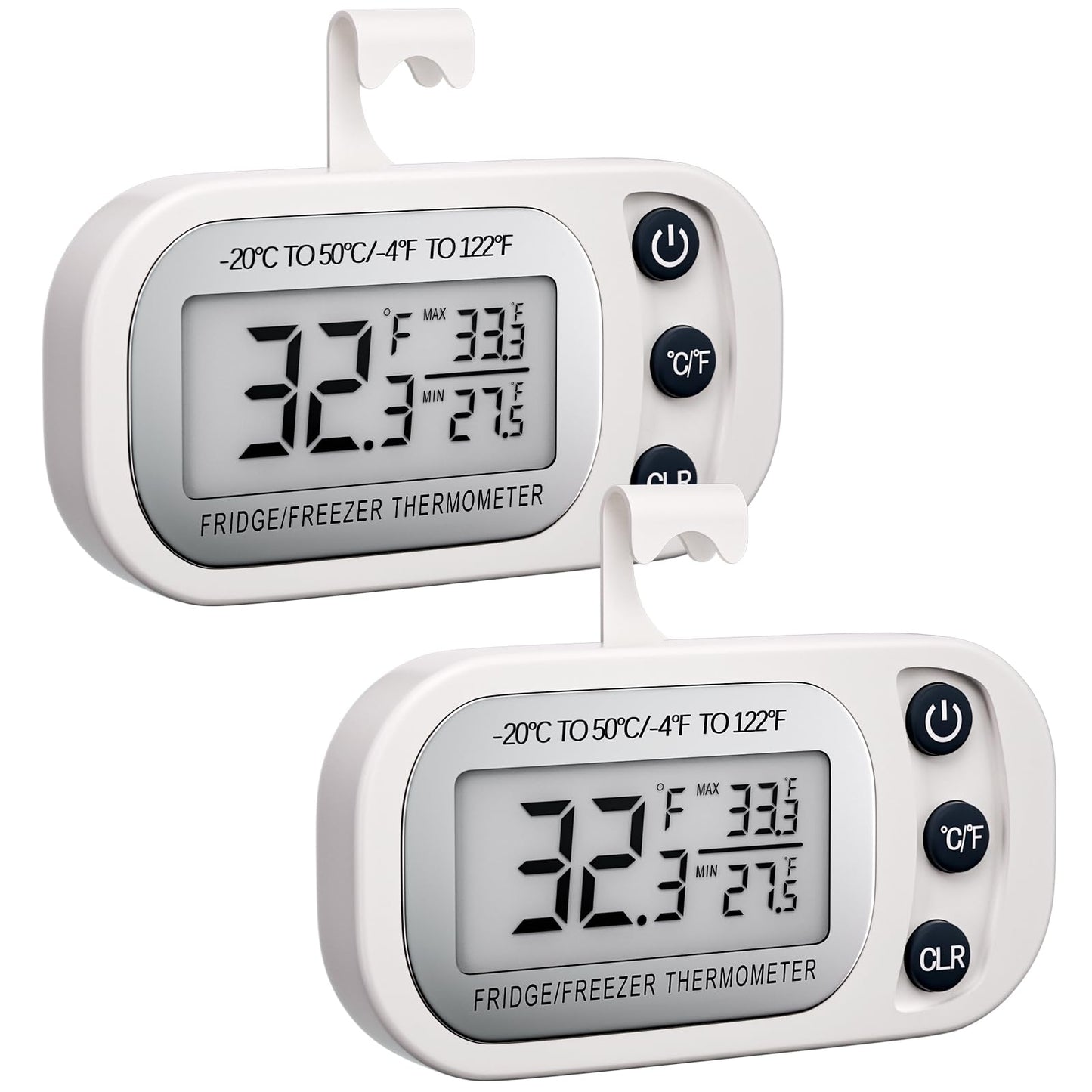 Digital Frigerator Thermometer 2 Pack, Waterproof Fridge and Freezer Thermometer, Thermometer Refrigerator with Large LCD Screen, Stand and Magnetic Back, for Room,Kitchen(White)