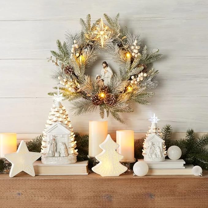 YULETIME 20" Pre-Lit Nativity Wreath, Battery Operated with 10 Fairy Lights, Holy Family Nativity Statue, Star of Bethlehem, Pine Cones, White Mistletoe, Frosted Spruce Branches (Nativity Frosted)