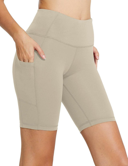 baleaf Biker Shorts Women Yoga Gym Workout Spandex Running Volleyball Tummy Control Compression with Pockets 8" Khaki S