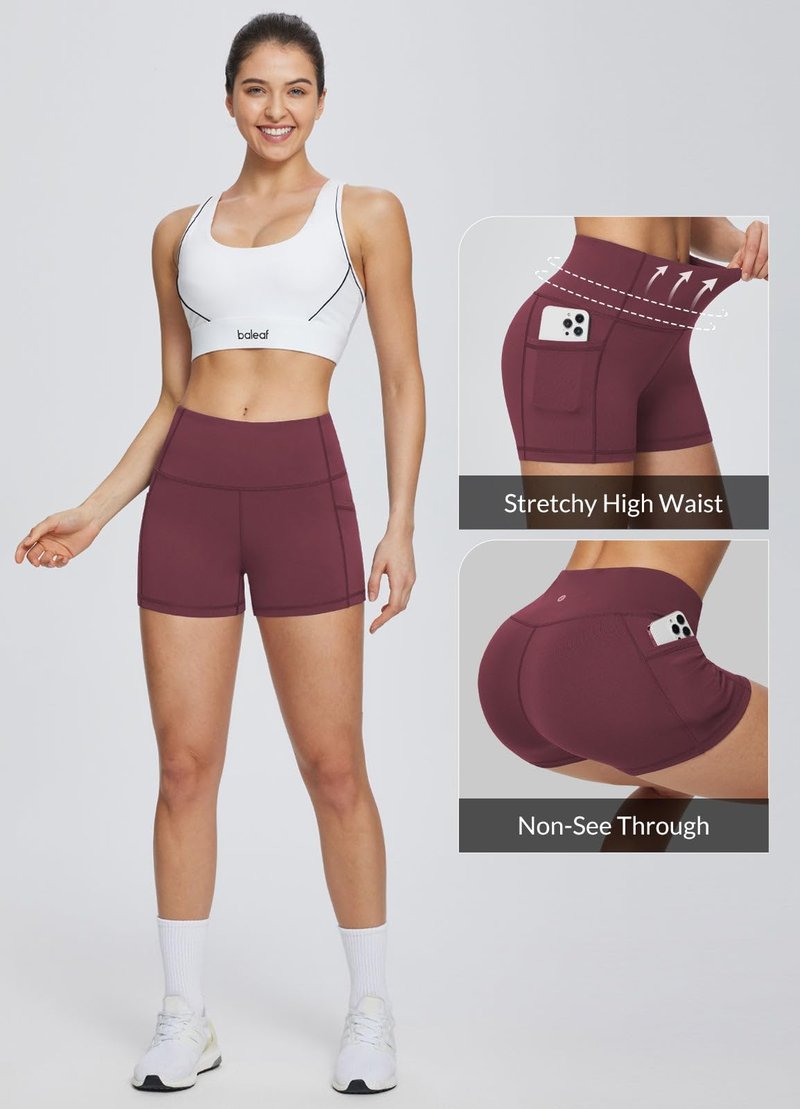 baleaf Gym Shorts Women 3" Biker Workout Yoga Spandex Running Volleyball Tummy Control Compression with Pockets Wine Red XL