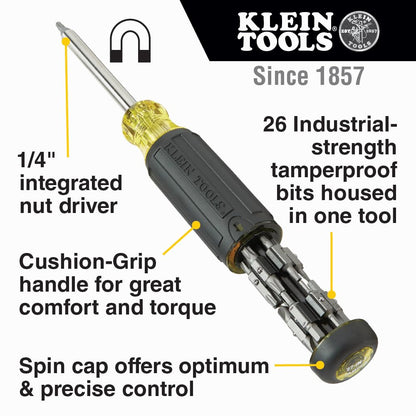 Klein Tools 32307 Multi-bit Tamperproof Screwdriver, 27-in-1 Tool with Torx, Hex, Torq and Spanner Bits with 1/4-Inch Nut Driver, Black/Yellow