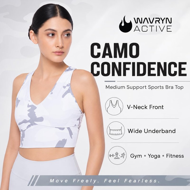 WAVRYN ACTIVE Women's Camo Sports Bra Top Medium Support Cross-Back Workout Bra for Gym, Yoga, Fitness - M, Grey-White