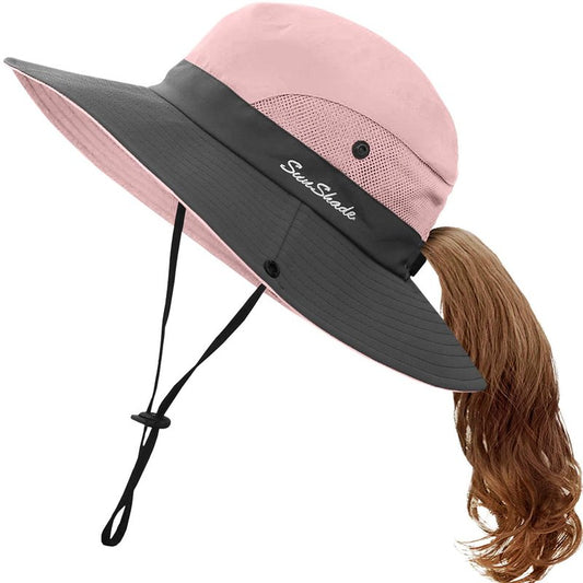 Kids UV Sun Hat with Ponytail Hole UPF 50 Bucket Cap for Girls Summer Beach ? Fishing (M:5-12T(Head circumferences 20.6''-21.8''), Light Pink) Medium