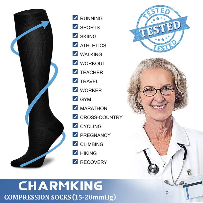 CHARMKING Compression Socks for Women & Men (8 Pairs) 15-20 mmHg Graduated Copper Support Calf Socks are Best for Pregnant, Nurses - Boost Performance, Circulation, Knee High Wide Calf(S/M, Multi 01)