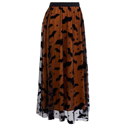 CHICWISH Women's Pumpkin Tulle Tutu Skirt Velvet Bats Elastic Waist Halloween Party Layered Mesh Midi Skirt Halloween Costumes