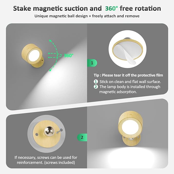 Lightbiz LED Wall Sconces, Wall Mounted Lamp with Remote Rechargeable Battery Operated, 3 Color Temperatures & Dimmable Wall Lights Magnetic 360° Rotation Light