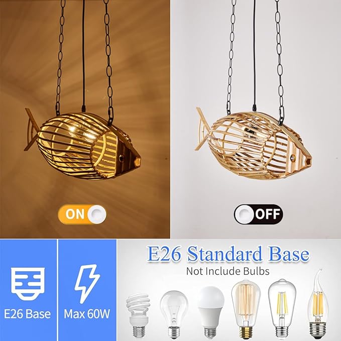 Rustic Fish Pendant Light,Hand-Woven Bamboo Hanging Lamp,Adjustable Kitchen Hanging Light,Boho Style Pendant Lamp for Living Room Bedroom