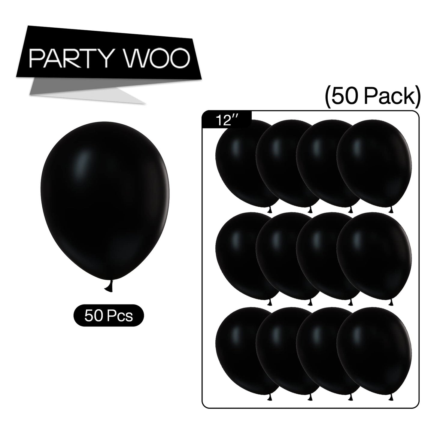 PartyWoo Black Balloons 50 pcs 12 Inch Matte Black Latex Helium Balloons for Graduation Halloween New Year Anniversary Birthday Retirement Party Decorations Black-Y18