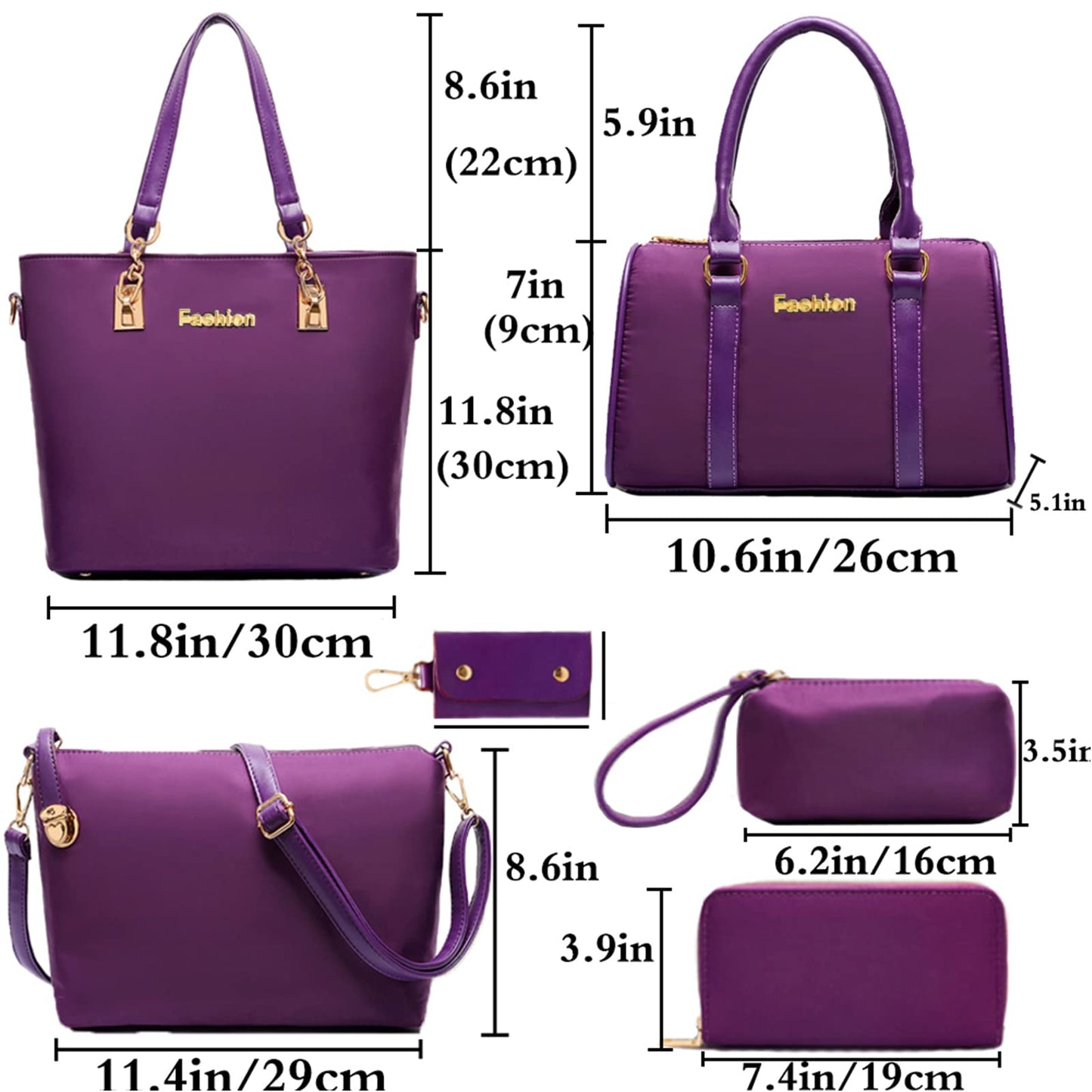 FiveloveTwo Women Ladies 6 Pcs Handbag Set Hobo Top Handle Bag Totes Satchels Crossbody Shoulder Bags and Purse Clutch Purple