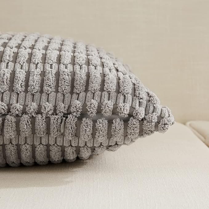 Fancy Homi Gray Decorative Throw Pillow Covers 14x24 Inch for Living Room Couch Bed Sofa, Rustic Farmhouse Boho Home Decor, Soft Striped Corduroy Square Cushion Case 35x60 cm