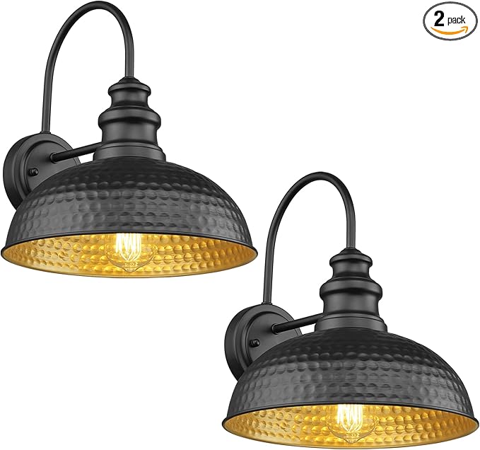 Farmhouse Outdoor Barn Light Fixtures, 12 Inch Dome Gooseneck Exterior Wall Lights, Rustic Outdoor Wall Sconces Outside Wall Mount Lantern with Bead Shape for Home, Porch, Garage, Doorway