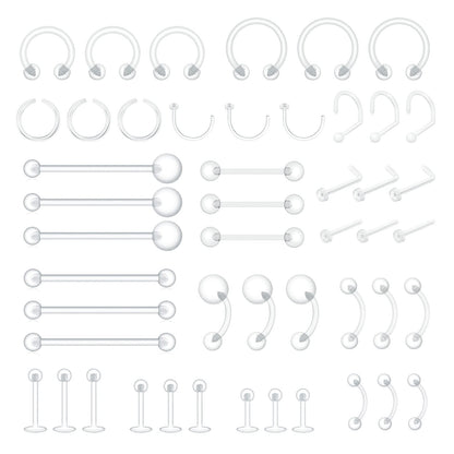 MixPiercing 48Pcs Clear Piercing Retainers Jewellery Plastic Nose Tongue Nipple Belly Bars Eyebrow Lip Labret Stud Septum Hoops Cartilage Industrial Tragus Earring Retainer For Surgery Mri