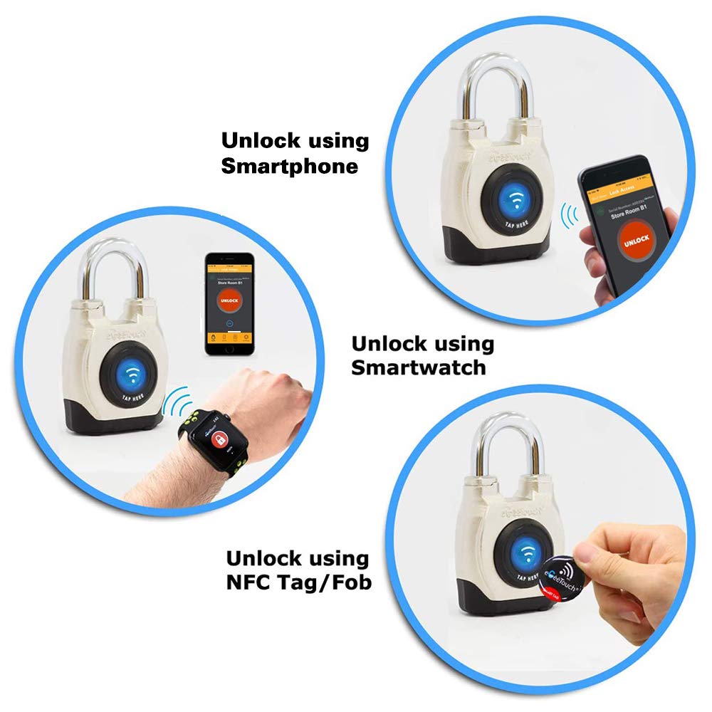 eGeeTouch 4th GEN. Outdoor Smart Padlock, Weatherproof, Rugged Design for Commercial use, Bluetooth + NFC (1 Pack) Satin Silver