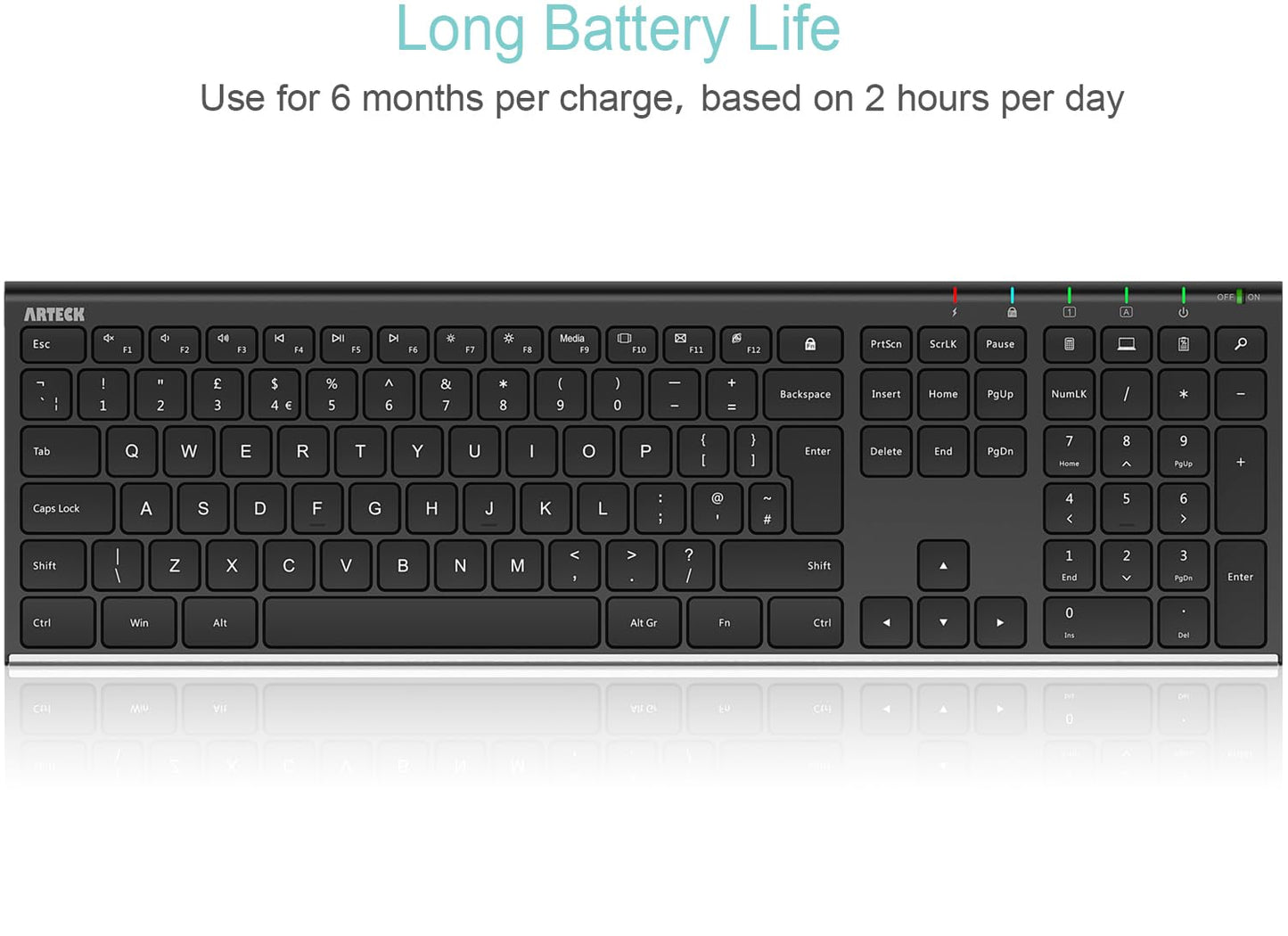 Arteck 2.4G Wireless Keyboard Stainless Steel Ultra Slim Full Size Keyboard with Numeric Keypad for Computer/Desktop/PC/Laptop/Surface/Smart TV and Windows 10/8/ 7 Built in Rechargeable Battery