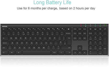 Arteck 2.4G Wireless Keyboard Stainless Steel Ultra Slim Full Size Keyboard with Numeric Keypad for Computer/Desktop/PC/Laptop/Surface/Smart TV and Windows 10/8/ 7 Built in Rechargeable Battery