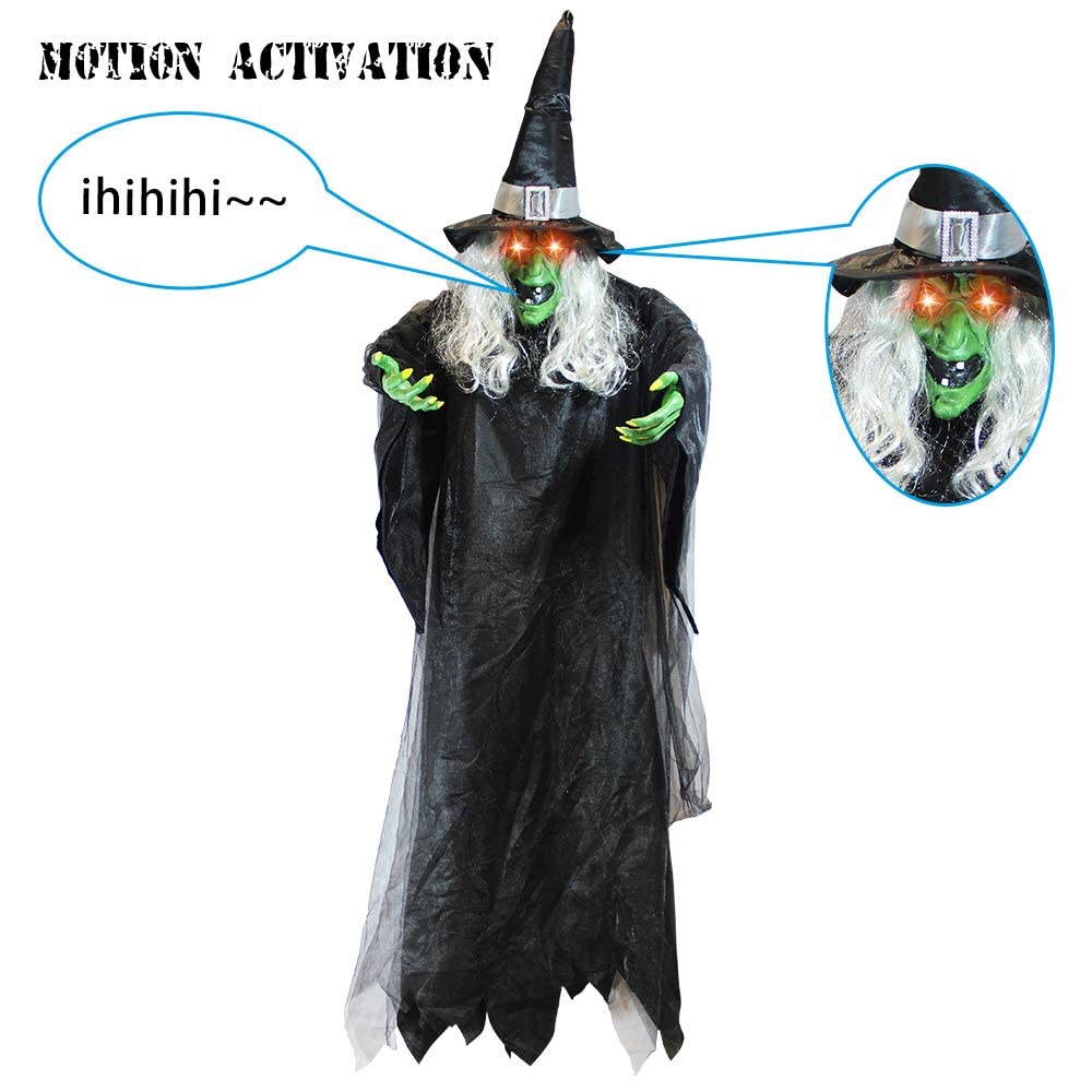 JOYIN 74" Hanging Witch Halloween Decorations Outdoor, Talking Flying Ghost Decor Haunted House Party Supplies Props Light Up Eyes Lawn Yard Garden Door Life Size Sound Activated