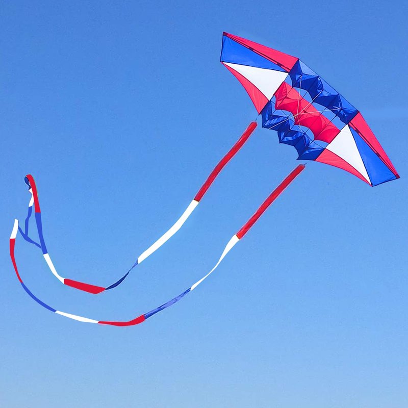 Beach Kites for Adults Large with Long Tail, 98 inches Super Easy Flyer 3D Rainbow Box Kites, Come with 49 Feet Multi Colors Tails x 2, 300 ft Kite String & Handle (Red, White & Blue)