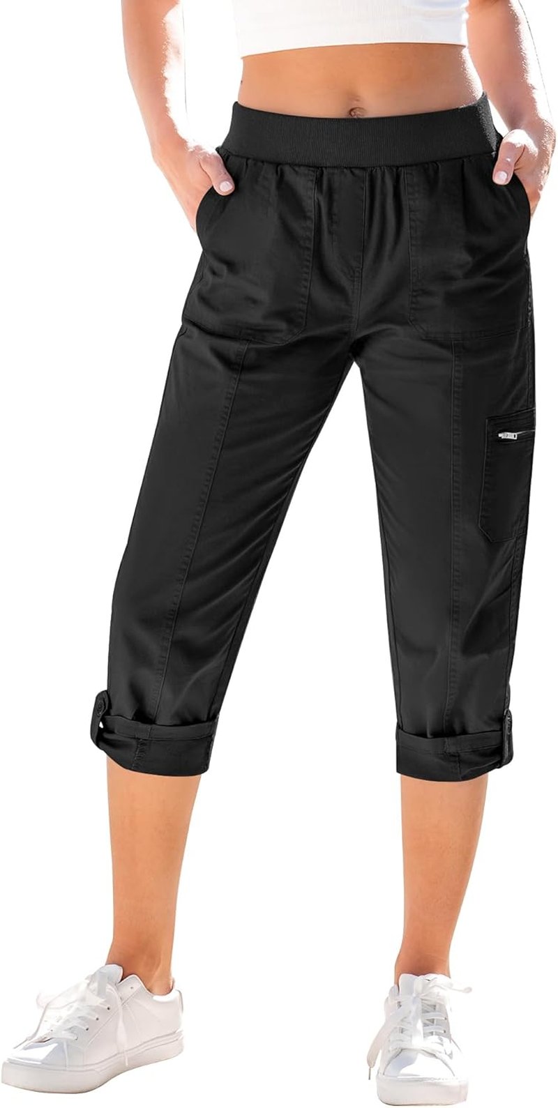 Capri Cargo Pants for Women - High Waisted Stretch Twill with Pockets | Comfortable Fit