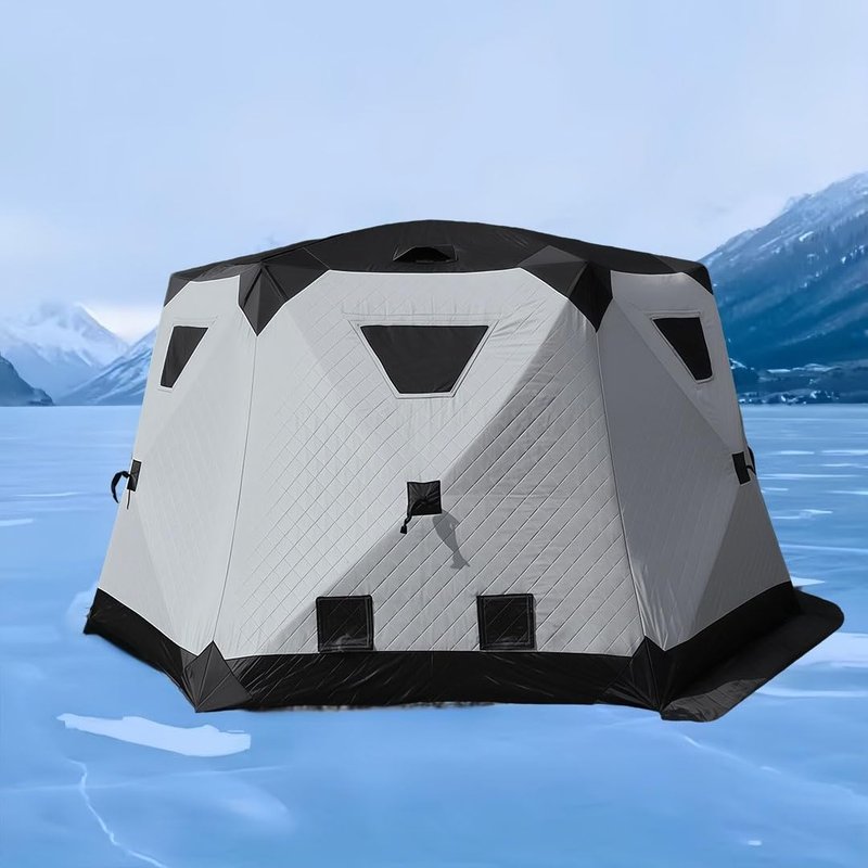 Quick-Opening ice Fishing Tent, 420D Hexagonal Insulated Tent, Accommodates 6-8 People; Portable ICES Grey ice Fishing hut with Stove and Chimney Floor, Ideal for ice Fishing and Winter Camping