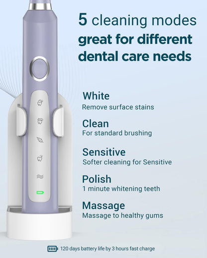 Rtauys M5 Sonic Electric Toothbrush for Adults and Kids - Rechargeable Electric Toothbrush Kids Ages 12+ and Adults with 8 Brush Heads & Travel Case, 120 Days Battery Life - Pink