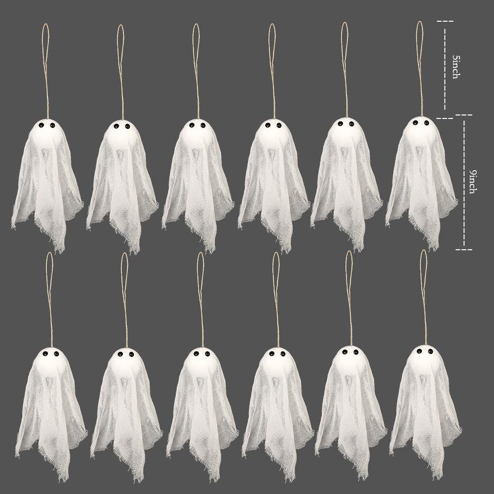 Decor365 Pack of 12 Small Hanging Ghost with White Creep Cloth and Black Eyes for Halloween Party Decoration Home/Yards/Garden/Pub/Classroom/Showcase/Living Room Holiday Party Decor