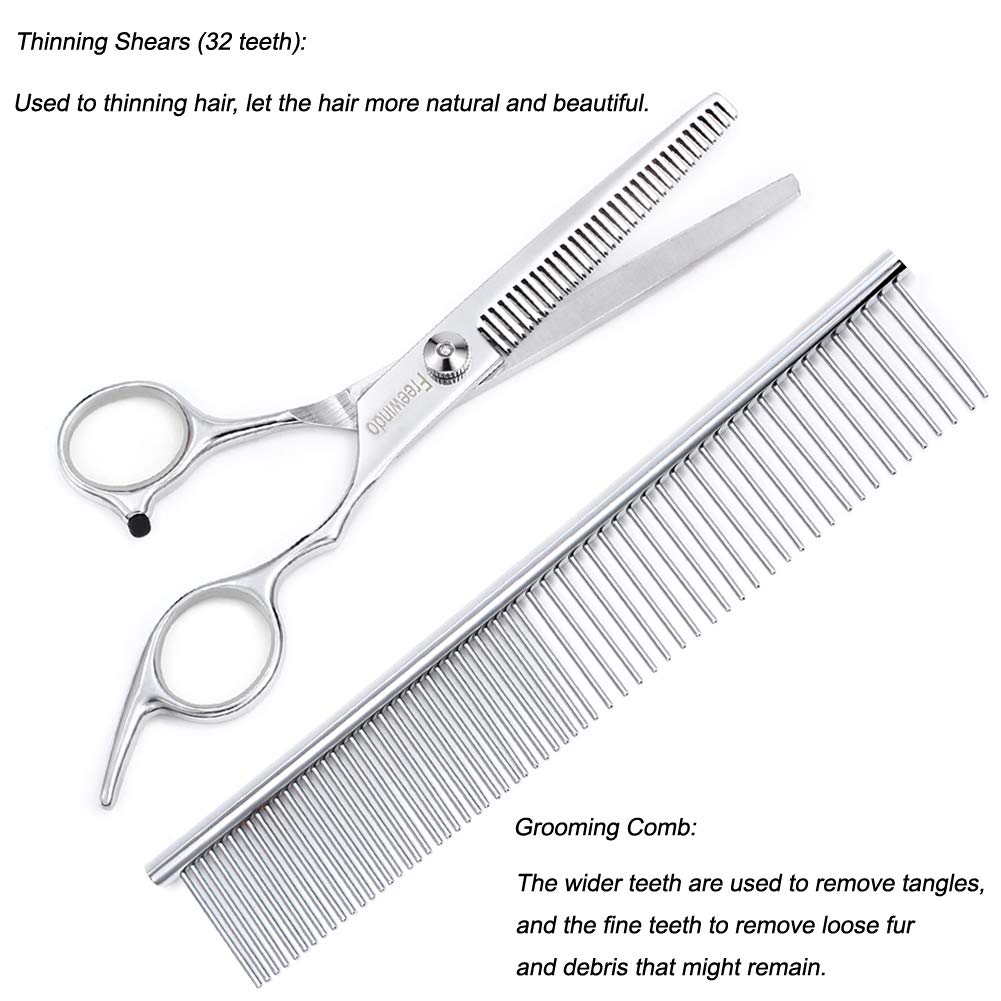Freewindo Dog Grooming Scissors Kit, Safety Round Tip, Heavy Duty Stainless Steel Dog Scissors and Nail Clippers, 6 in 1 Dog Grooming Kit