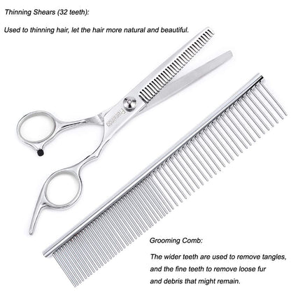 Freewindo Dog Grooming Scissors Kit, Safety Round Tip, Heavy Duty Stainless Steel Dog Scissors and Nail Clippers, 6 in 1 Dog Grooming Kit