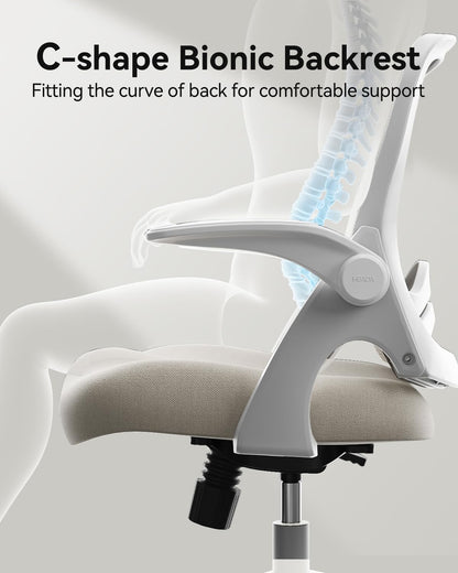 Hbada Office Desk Chair with Flip-Up Armrests and Saddle Cushion, Ergonomic Office Chair with S-Shaped Backrest, Swivel, Mesh, Grey