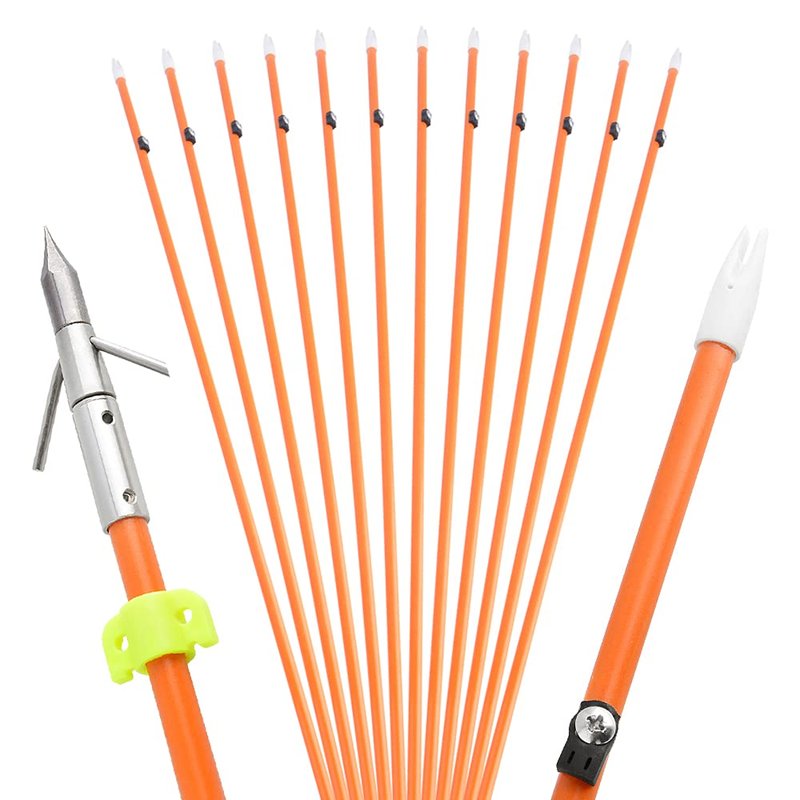 AMEYXGS 6/12pcs Archery Fiberglass Bowfishing Arrow Bow Fishing Arrows with Broadheads and Safty Slides for Compound and Bow Recurve Bow Fishing Hunting (6, Orange Type1)