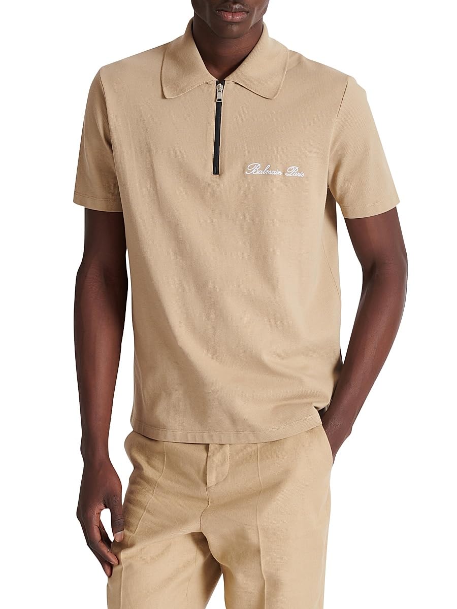 Balmain, Logo-Embroidered Cotton Quarter-Zip Polo Shirt, Small, Camel Blanc