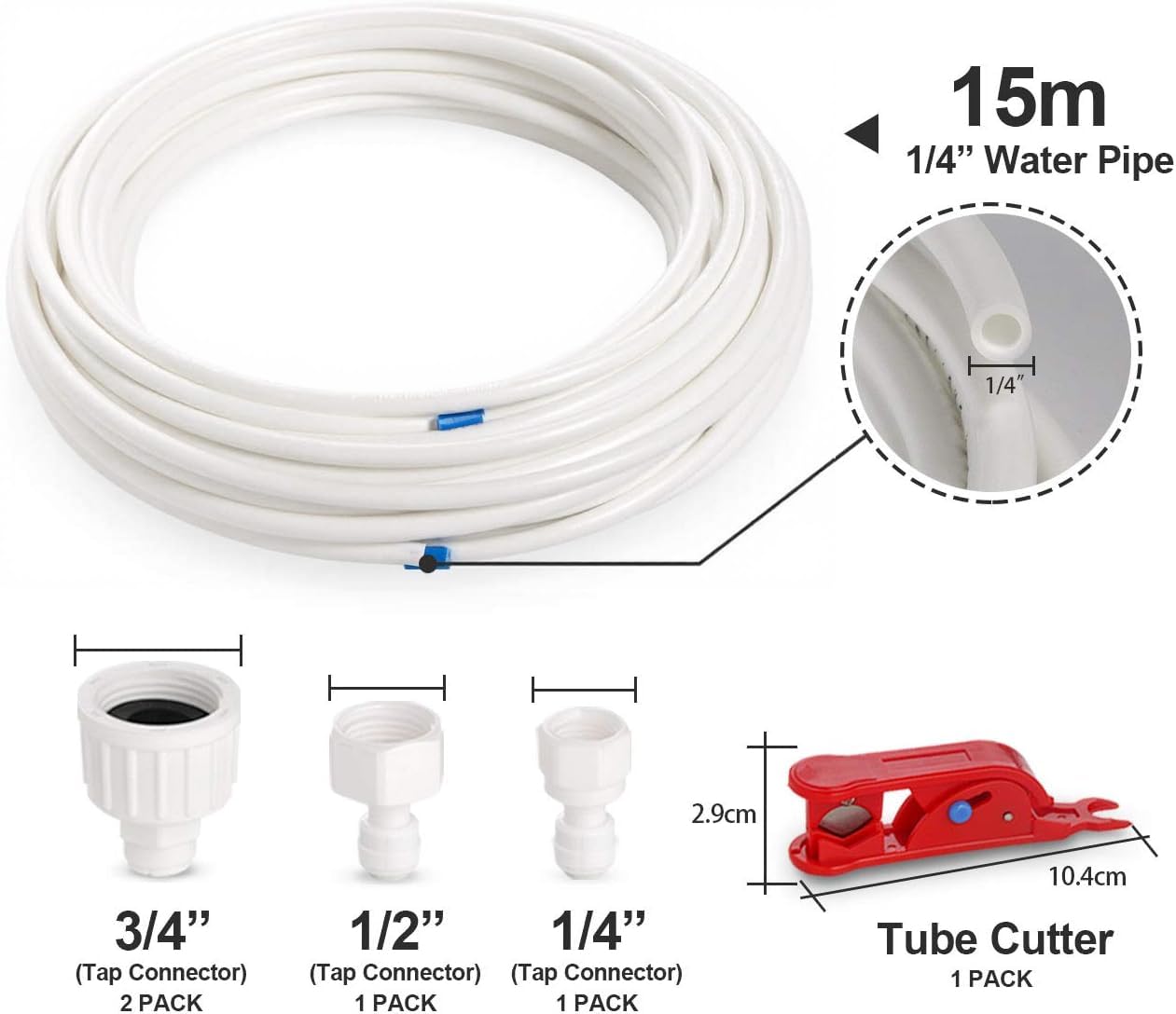 ilauke 15M Water Supply Pipe Tube + Fridge Connector Kit For European Style Double Fridge Refrigerator (1/4" Pipe)